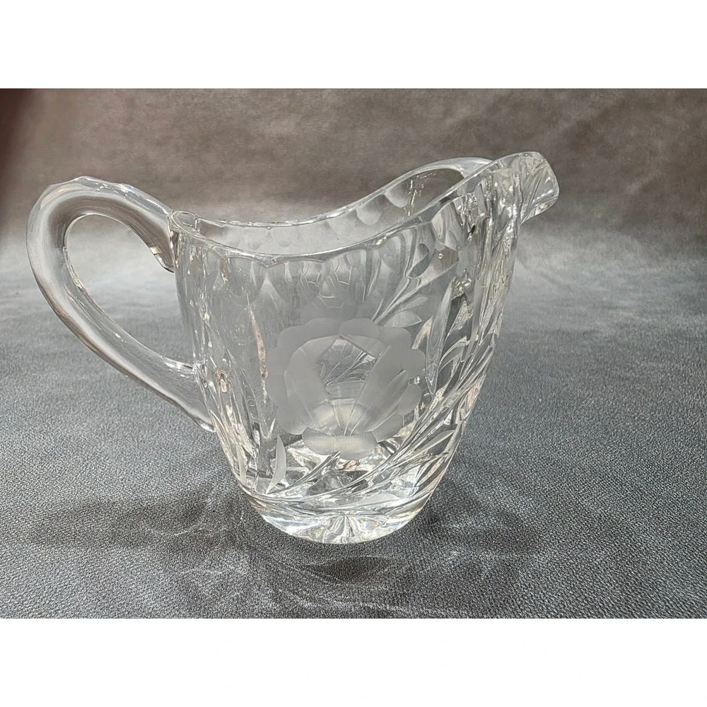 Vintage Etched Rose Crystal Creamer and Lidded Sugar‎ Bowl Set Cut Glass Clear